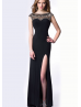 Beaded Black Jersey High Slit Backless Evening Dress